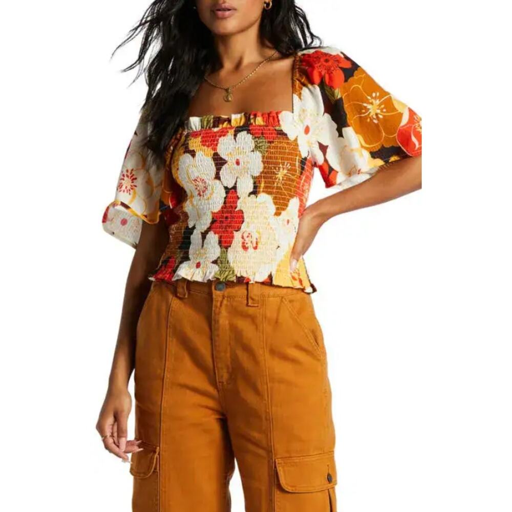 Billabong Golden Daze Smocked Floral Top Flutter Sleeve Boho Cottagecore